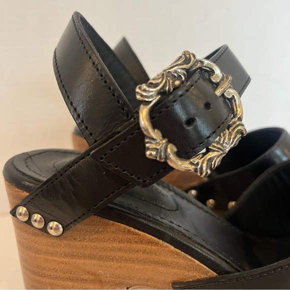 The Kooples Black Leather Wood Platform Clog Sandals Studded Block Heels EU 38 - Picture 5 of 14